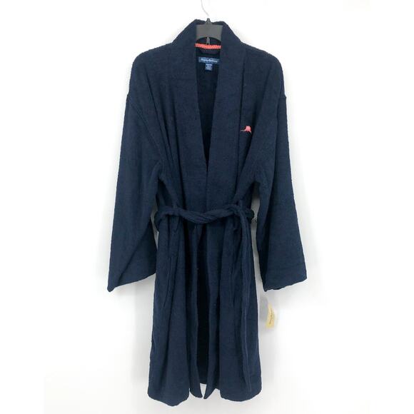 TOMMY BAHAMA Men's Cotton Terry Bath Robe Small Medium Navy Blue Logo Plush NWT - Picture 2 of 10